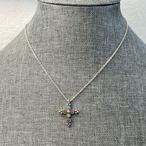 Signed Napier Elegant Silver Cross Necklace with Multicolored Gemstones